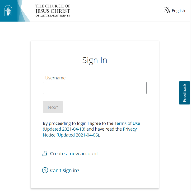 Church Account sign-in screen