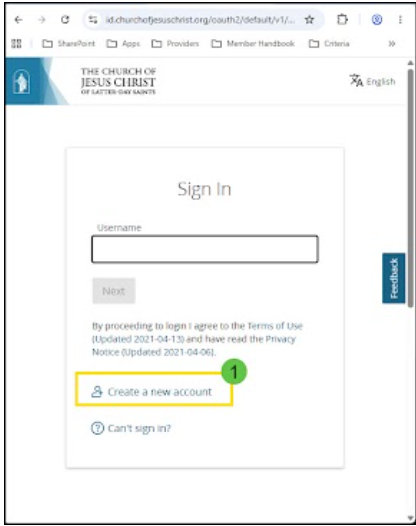 Church Account sign-in screen with Create a new account highlighted