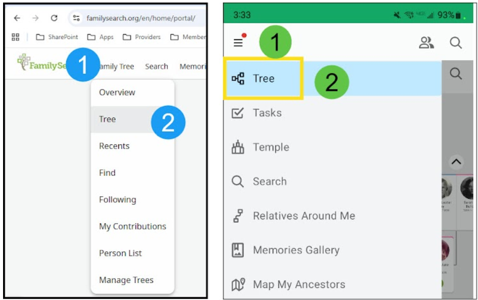 FamilySearch desktop and mobile navigation showing how to open Family Tree