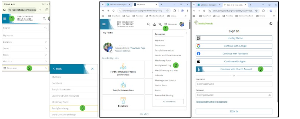Three-step walkthrough for signing in to FamilySearch with a Church Account