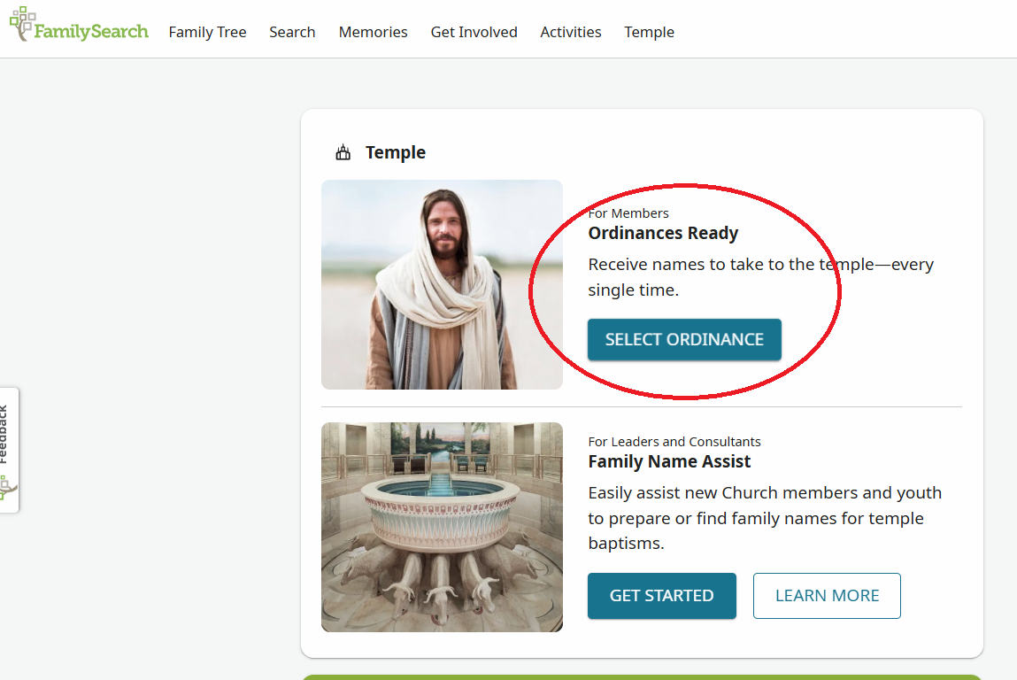 FamilySearch Temple page highlighting Ordinances Ready