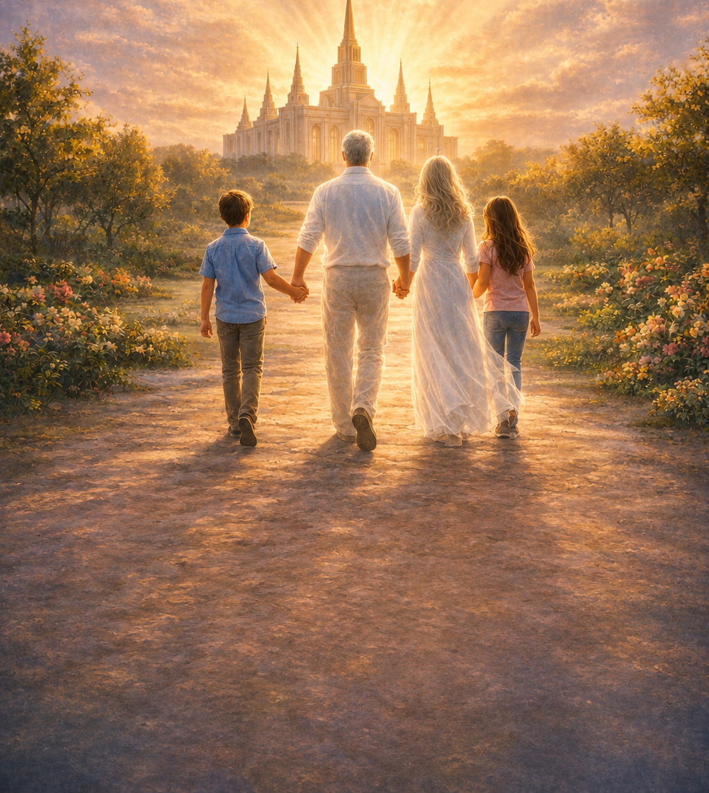 Family walking toward a temple